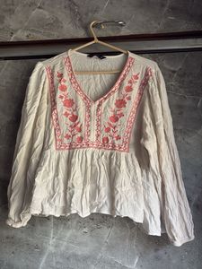 Embroidered Cream Peplum Top