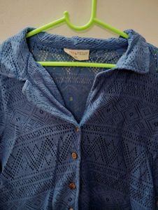 Blue Crochet Button-Up Shirt