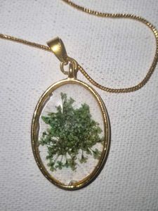 Gold Tone Resin Necklace with Dried Flower Pendant