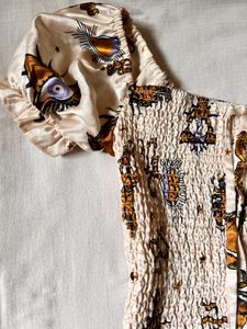 Cream Printed Smocked Puff-Sleeve Dress