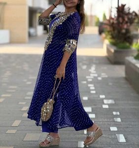 Blue Bandhani Kurta Set with Mirror Work