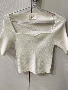 Cream Ribbed Square Neck Crop Top