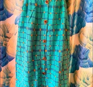 Chic Teal Grid Print Midi Dress