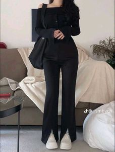 Ribbed Split Hem Bootcut Pants