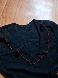 Black Long Sleeve Top with Ruffle Trim