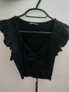 ZARA Black Ruched V-Neck Top with Ruffle Sleeves