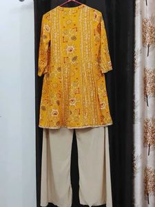 Yellow Embellished Kurta with Beige Palazzo