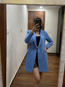 POWDER BLUE DOUBLE BREASTED LONG BELTED BLAZER