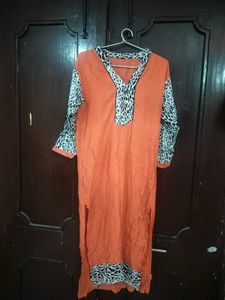 Orange Kurta with Leopard Print Accents