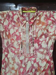 Flowy Leaf Print collar kurta Pants pathani set