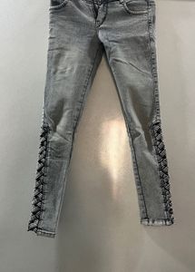 Grey Lace-Up Detail Jeans