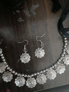 Oxidized Silver Floral Choker Set
