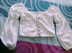 White Puff Sleeve Lace-Up Top