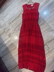 Elegant Red Pleated Maxi Dress with Embellishments