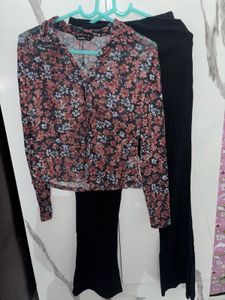 Floral Print Top & Black bell bottom Pants Set