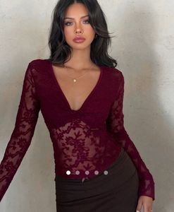 Red Sheer Lace V-Neck Long Sleeve  Top