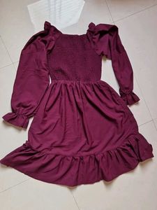Burgundy Mini Dress - Ruffle Hem