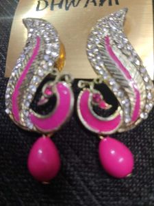 Pink &amp; Rhinestone Peacock Earrings