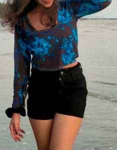 Blue Tie-Dye Cropped Long Sleeve Top