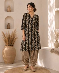 Black Floral Kurta with Striped Pants