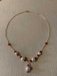 Pearl & Red Bead Gold Chain Necklace