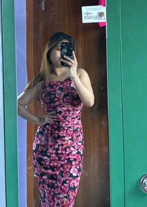 Chic Floral Print Ruched Midi Dress