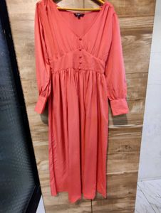 Coral V-Neck Button-Front Maxi Dress