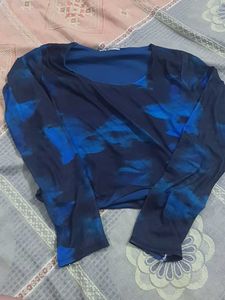 Mesh Blue Tie-Dye Long Sleeve Top