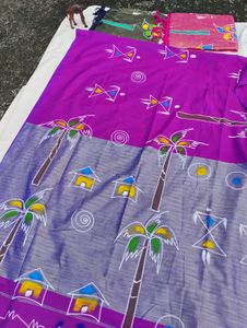Vibrant Purple Saree with Tropical Print
