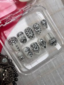Festive Silver 3D Press-On Nails | Handmade Chrome