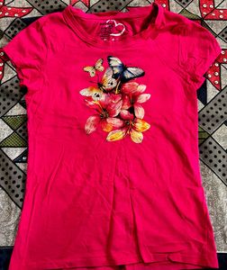 Vibrant Pink Butterfly & Floral T-Shirt