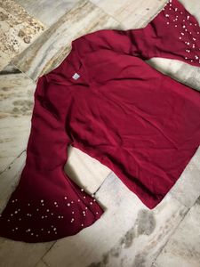 Maroon Bell Sleeve Blouse with Pearls