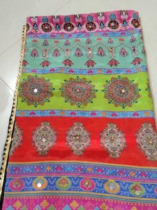 Vibrant Printed Saree with Mirror Work