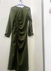 Zara Elegant Ruched Olive Green Dress