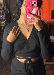 Black Ribbed tie up Wrap Crop Top