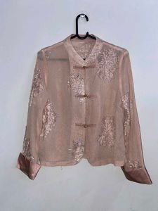 Sheer Embellished Mandarin Collar shirt