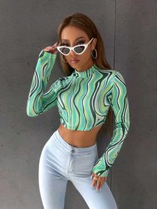 Groovy Swirl Print Mock Neck Crop Top