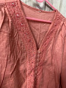 coral embroidered long top
