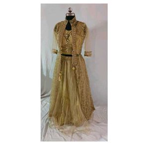 3 Piece Elegant Golden Net Lehenga Choli Set