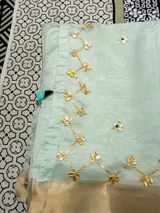 Beautiful Embellished Light Blue Saree with contra