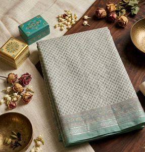 🍀Sage Green Printed Synthetic Saree💚