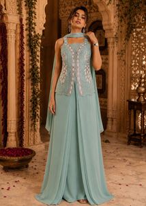 Elegant Teal Embellished Cape Gown