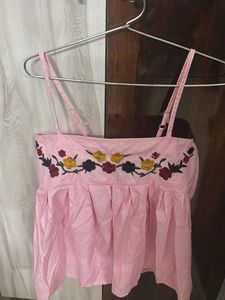 Pink Striped Embroidered Cami Top