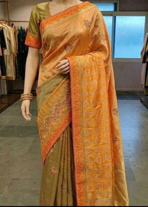 Elegant Peach & Olive Embroidered Saree