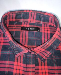 Red Full Sleeves Ketch Cotton Check Shirt Women