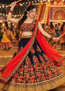 🇳🇿💫🎀Elegant Navy & Red Embroidered Lehenga