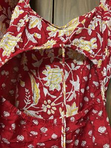 Red Floral Puff Sleeve Midi Dress