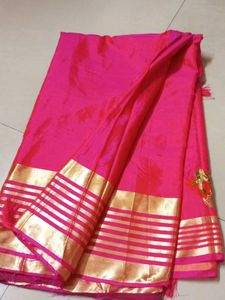 Vibrant Pink Silk Saree with Gold Border