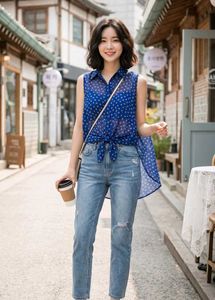 Blue Polka Dot Sleeveless Shirt