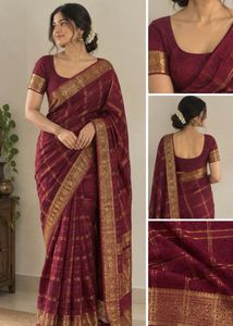 Elegant Maroon Saree with Gold Border & Blouse
